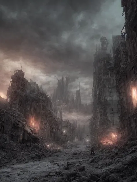 end of the world, epic realistic, (hdr:1.4), (muted colors:1.4), apocalypse, freezing, abandoned, neutral colors, night, screen space refractions, (intricate details), (intricate details, hyperdetailed:1.2), artstation, cinematic shot, vignette, complex background, buildings, snowy