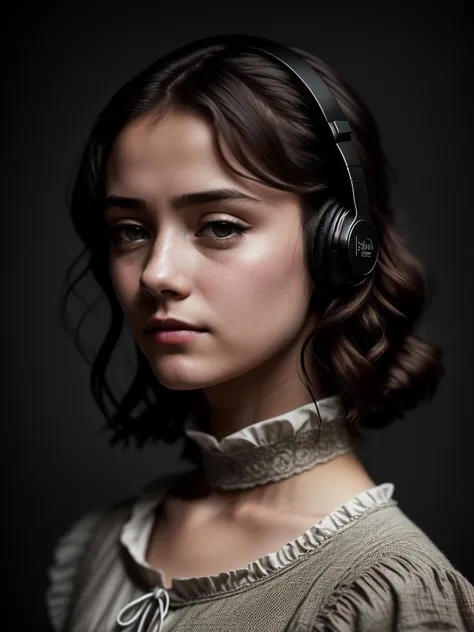 a girl,Jane Eyre with headphones, natural skin texture, 24mm, 4k textures, soft cinematic light, adobe lightroom, photolab, hdr, intricate, elegant, highly detailed, sharp focus, ((((cinematic look)))), soothing tones, insane details, intricate details, hyperdetailed, low contrast, soft cinematic light, dim colors, exposure blend, hdr, faded, realistic, RAW