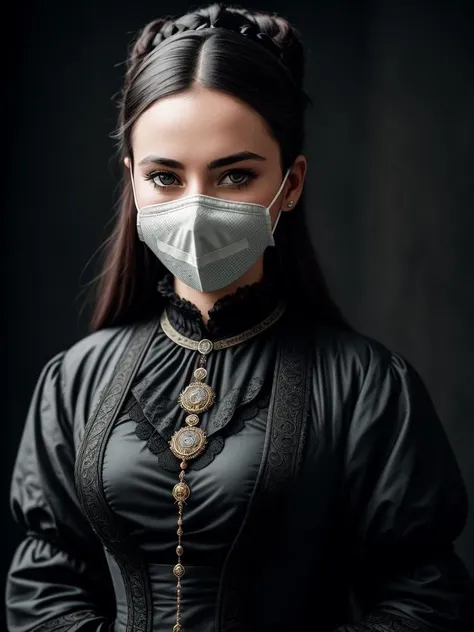 a woman wearing a medical mask, victorian era, cinematography, intricately detailed, crafted, meticulous, magnificent, maximum details, extremely hyper aesthetic, hdr, (intricate details, hyperdetailed:1.2), cinematic shot, centered, soft lighting,