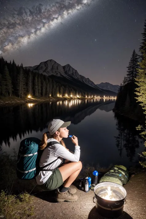 (masterpiece, best quality:1.2), (absurdres, highres, ultra-detailed), (perfect anatomy),a beautiful woman in the outdoors, camping, night, mountains, nature, stars, moon, tent, twin ponytails, green eyes, cheerful, happy, backpack, sleeping bag, camping stove, water bottle, mountain boots, gloves, sweater, hat, flashlight, forest, rocks, river, wood, smoke, shadows, contrast, clear sky, constellations, Milky Way, looking at viewer