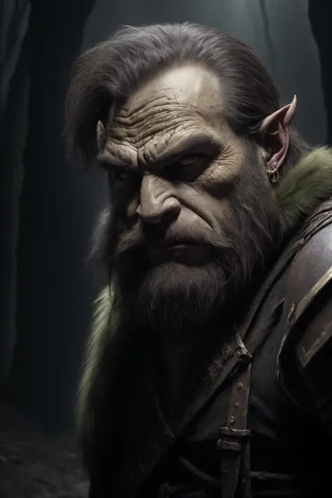 masterpiece:1.2, best quality, absurdres, dark, cave, fire, ragged armor, angry, earrings, facial hair, green skin, fur trim, yellow eyes, ogre, portrait, detailed face, face focus <lora:RPGOgre:0.8>