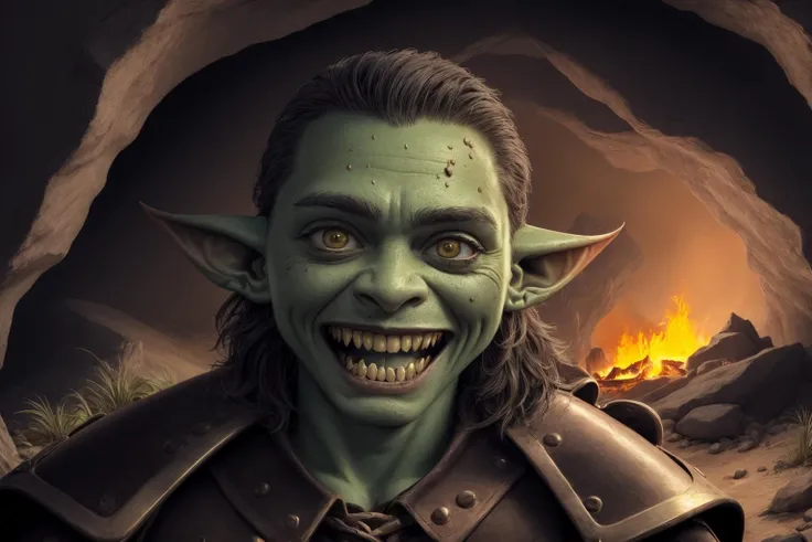 masterpiece:1.2, best quality, absurdres, dark, cave, fire, ragged armor, wide smile, crazy eyes,  <lora:dnd_goblin:0.8>, goblin, portrait, detailed face, face focus