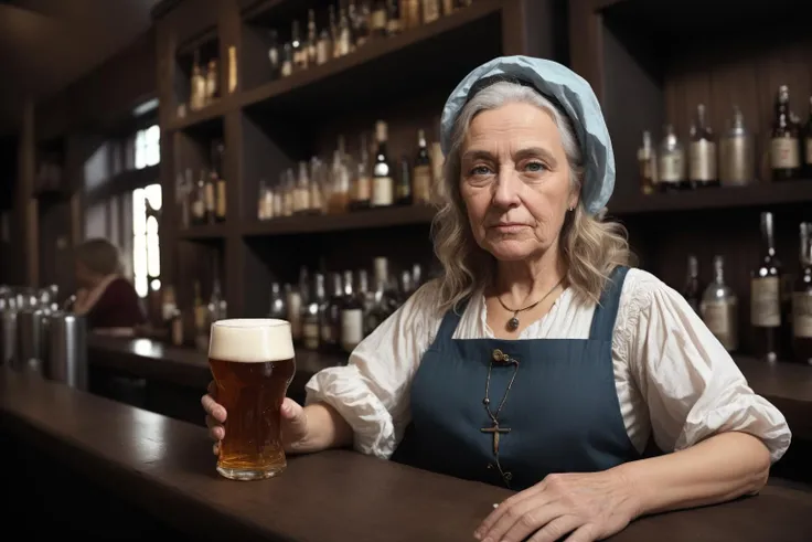 masterpiece:1.2, best quality, absurdres, tavern, barkeep, 1girl, ((old)), ((old woman)), bonnet, apron long hair, two-tone hair, blonde hair, grey hair, messy hair, dirty, blue gown, jewelry, beer stein, bar (place), looking at viewer, blurry background, depth of field, realistic:1.3, detailed face, face focus, POV <lora:RPGBarkeep:0.8>