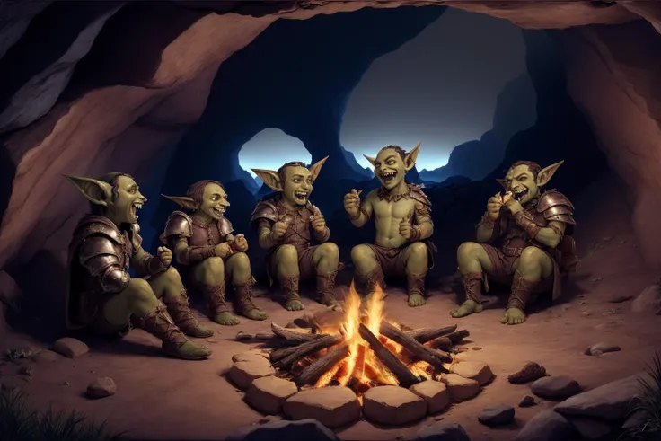 masterpiece:1.2, best quality, absurdres, dark, cave, fire, multiple goblins sitting around a fire, eating, savage, laughing, ragged armor, <lora:dnd_goblin:0.8>, goblin,