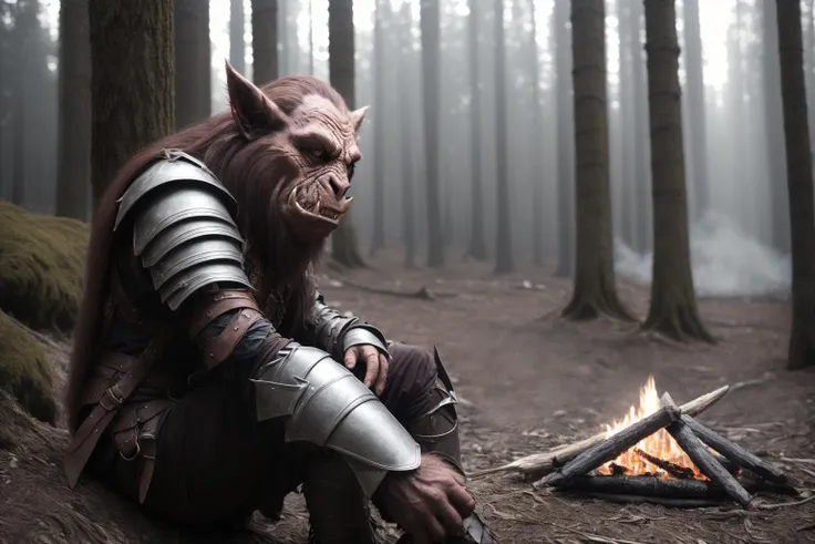 masterpiece:1.2, best quality, absurdres, camp, ((fire)), morning, sun, 1boy, bugbear:1.2, male, solo, sitting, looking at viewer, red eyes, pointy ears, , leather armor, facing viewer, <lora:RPGBugbear:1.0>