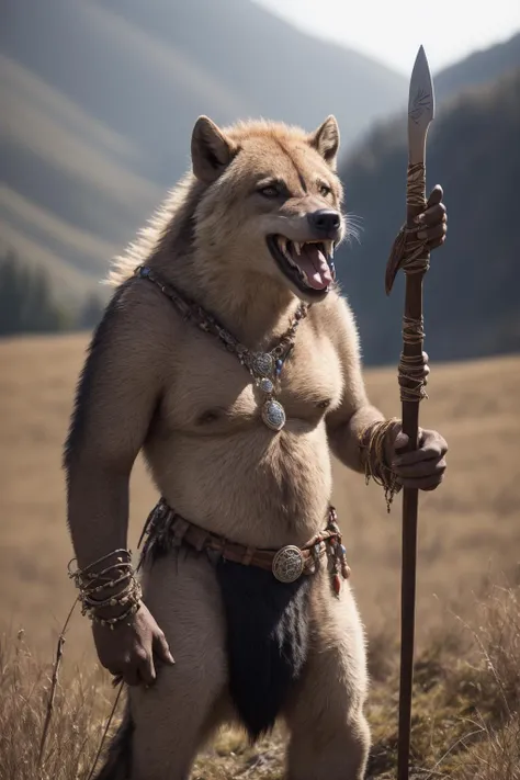 masterpiece:1.2, best quality, absurdres, hills, morning, grass, sun, 1boy, gnoll:1.2, solo, looking at viewer, weapon, loin cloth, jewelry, necklace, blurry, blurry background, holding spear, full body teeth, open mouth, tongue, realistic:1.3, facing viewer, <lora:RPGGnoll:0.7>