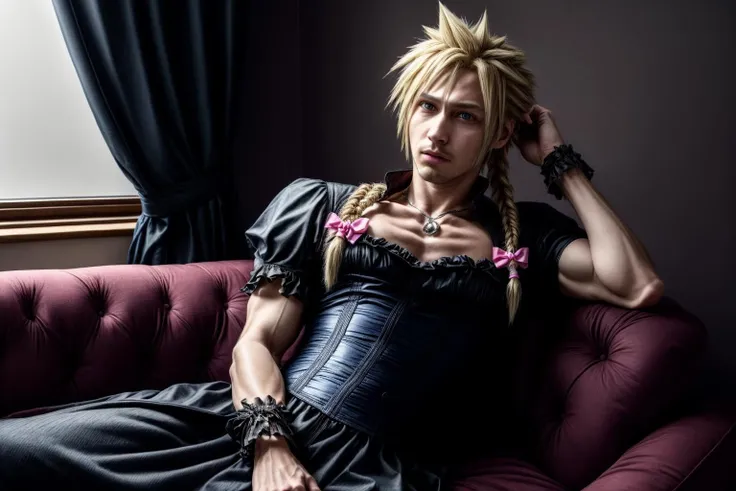 masterpiece:1.2, best quality, absurdres, living room sitting, Cloud Strife, crossdressing, twin braids, male focus, frilled dress, hair bow, realistic:1.3,<lora:more_details:1.0>, <lora:cloudstrife-nvwls-v1:0.8>, ((blue dress))