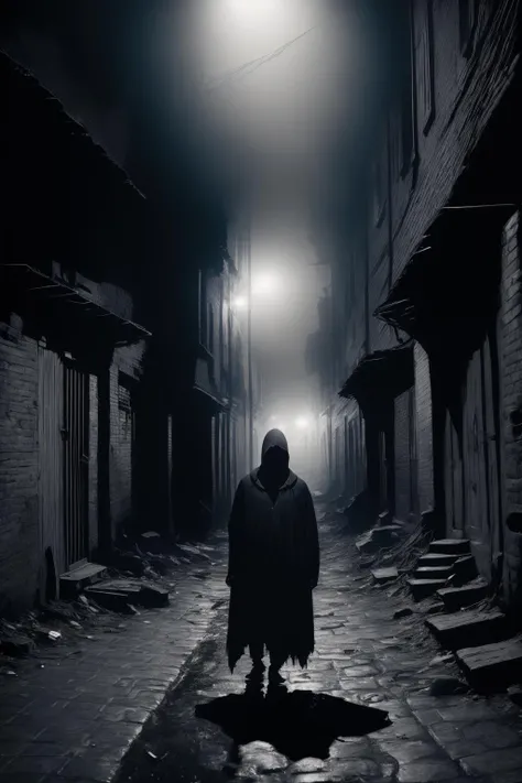 masterpiece:1.2, best quality, absurdres, dirty, garbage, slum, poverty, 1800's London alleyway, night, foggy, rpgshadow, rats, hood, hood up, hooded cloak, humanoid form,<lora:RPGShadow:1.0>
