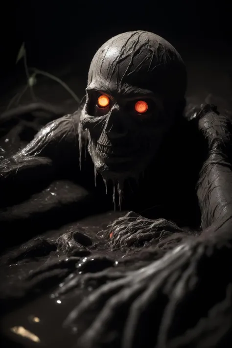 masterpiece:1.2, best quality, absurdres, sewers, dark, dirty, <lora:RPGGhast:1.0>, 1boy, bald, blurry, claws, crawling, depth of field, empty eye sockets, ghast, glowing, glowing eyes, looking at viewer