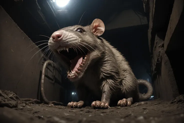 masterpiece:1.2, best quality, absurdres, sewers, dark, dirty, animal focus, claws, multiple rats, depth of field, fangs, giant rat, realistic, sharp teeth, teeth, whiskers <lora:RPGGiantRat:0.6>, low_angle_scenery <lora:low_angle_scenery:0.6>