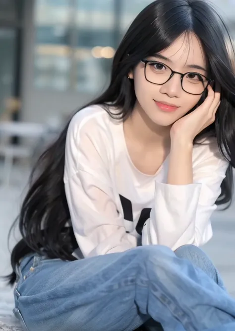 best quality, (photorealistic:1.2), 1girl, solo, shiny skin, detailed face, face focus, black hair, (glasses), bob cut, (looking at viewer:1.5), black eyes, (one eye closed),  white shirt, torn jeans, <lora:mix4:1>