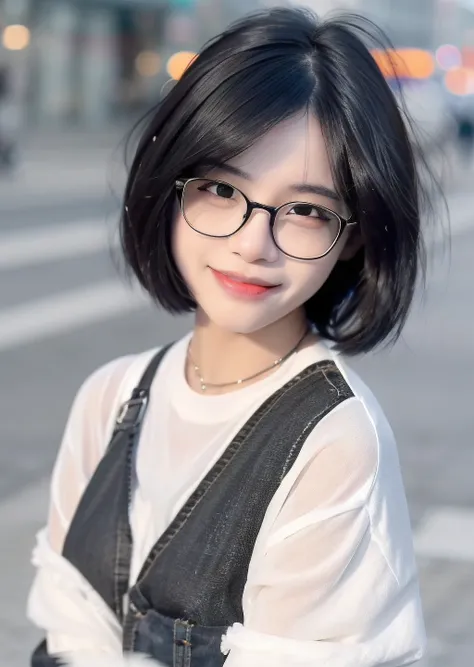 best quality, (photorealistic:1.2), 1girl, solo, shiny skin, detailed face, face focus, black hair, (glasses), bob cut, (looking at viewer:1.5), black eyes, (one eye closed), white shirt, torn jeans, <lora:mix4:1>