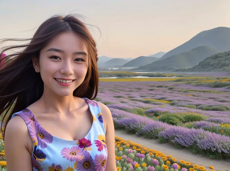 best quality, ultra high res, (photorealistic:1.2), a (smiling:1.4) 24-year-old Asian actress wearing elegant (wind blown:1.2) (dress:1.2) in a valley full with millions of (multi-color wild flowers:1.6), detailed face, (solo: 1.4), (wind blown:1.2) hair, <lora:cuteGirlMix4_v10:0.4>, mix4, (face lit:1.4)
