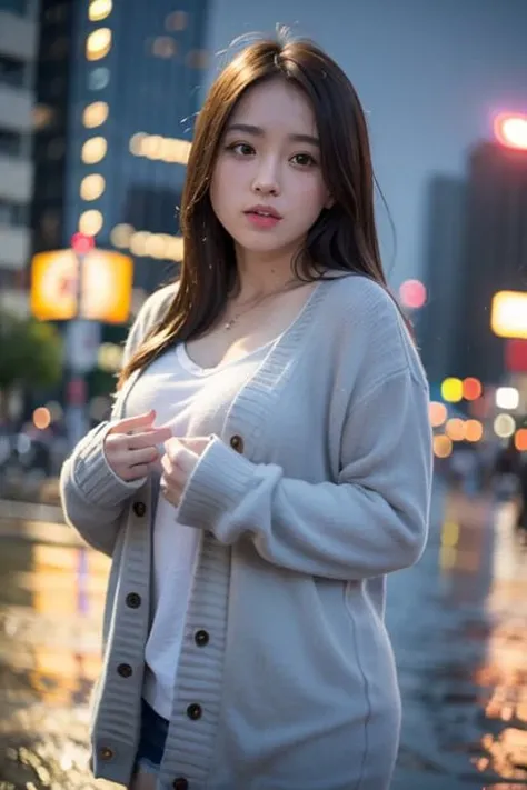 <lora:mix4:0.4>,mix4,(8k, RAW photo, best quality, masterpiece:1.2), (realistic, photo-realistic:1.37),cute,cityscape, night, rain, wet, professional lighting, photon mapping, radiosity, physically-based rendering,