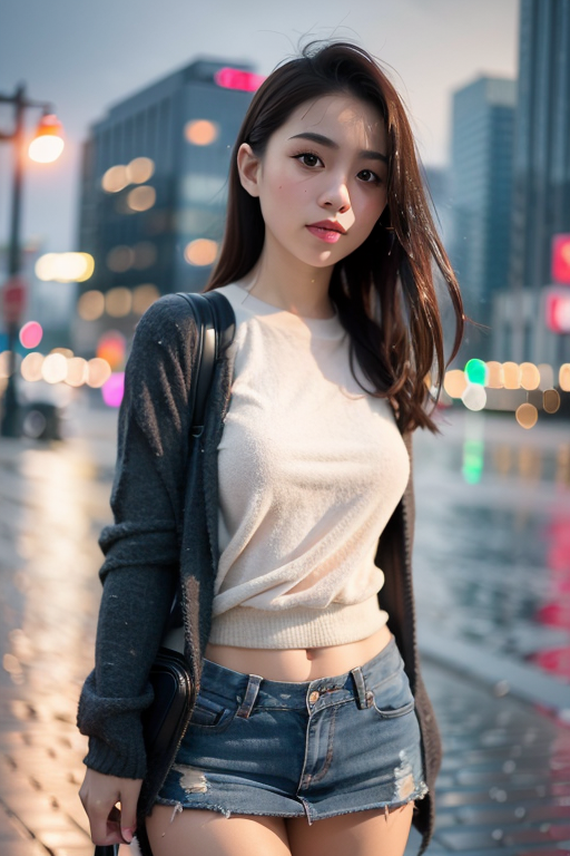 Arafed asian woman in shorts and a white shirt standing on a wet street ...