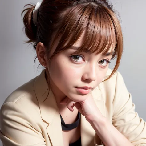 mix4,(best quality), (photorealistic),(simple white background:1.2), 1girl, upper body, high detail face, smile,ponytail contorted,[ash blonde | ginger | brown gray hair], Fujifilm XT3, High-waisted pants in a neutral tone like beige or camel or silver or blue, paired with a silk blouse and structured blazer, create a polished and powerful look,(8K), bangs, short hair