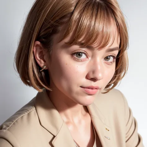 mix4,(best quality), (photorealistic),(simple white background:1.2), 1girl, upper body, high detail face, smile,[ash blonde | ginger | brown gray hair], Fujifilm XT3, High-waisted pants in a neutral tone like beige or camel or silver or blue, paired with a silk blouse and structured blazer, create a polished and powerful look,(8K), bangs, short hair