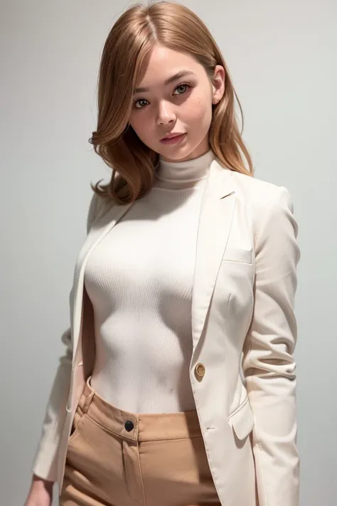 mix4, (raw photo),(best quality), (photorealistic),(simple white background:1.2), ,,a girl, upper body, high detail face, smile,[ash blonde | ginger | brown gray hair], Fujifilm XT3, High-waisted pants in a neutral tone like beige or camel or silver or blue, paired with a silk blouse and structured blazer, create a polished and powerful look,