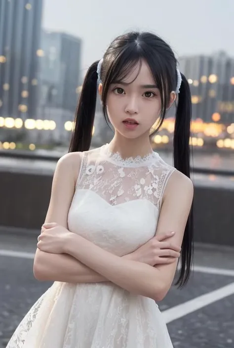 <lora:mix4:0.5>, mix4, 1girl, cute, young, slender, petite,
white long lace dress,
((arms crossed)), turning away,
mouth open slightly, black hair, ((twintail)), floating hair,
angry, annoyed, complaining, blaming, upset, disgusted, frowning, scorning,
cityscape, raining, wet, drizzling, raindrops, windy,
portrait photo, shot on iphone,
professional lighting, photon mapping, radiosity, physically-based rendering,
(8k, RAW photo, best quality, masterpiece:1.2), (realistic, photo-realistic:1.37),