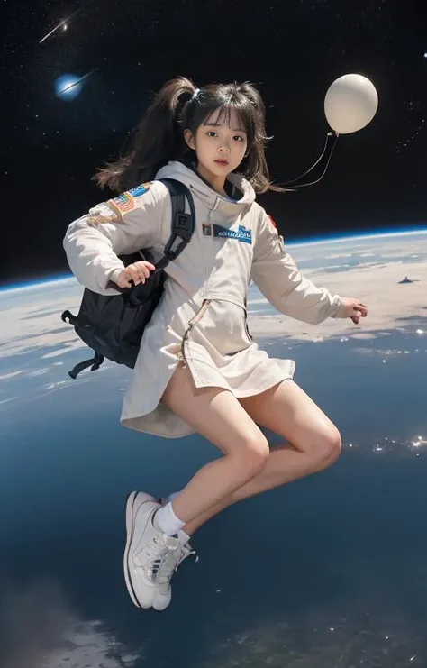 An astronaut, flying, ((floating in the outer space)), hovering, levitating, jumping mid air.
Both arms wide open. Open posture. (slightly curling legs:0.2), Weightlessness, ((zero gravity)).
1girl, <lora:mix4:.7>, mix4. Young, pretty, cute, beautiful.
She wears a white long lace dress with a hood, sneakers. ((hands holding balloons on strings)).
She has black hair, ((twintail)), ((floating hair)), medium hair.
She is surprised, scared, awestruck, mouth open slightly.
Extremely detailed eyes and face, beautiful detailed eyes. ((Eyes wide open)).
((Planet Earth)) at her feet. Dark background.
There are galaxy, stars, planets, black holes, the milky way, shooting stars, and the moon.
She is slender, petite, tall. She has perfect body proportion.
((full body visible)). Far away from camera.
Flying towards viewer, almost tipping over.
Camera is looking down, focused on her face.
super detailed, professional lighting, photon mapping, radiosity, physically-based rendering, ray tracing, breathtaking,
(8k, RAW photo, best quality, award-winning, masterpiece:1.2), (realistic, photo-realistic:1.4)
