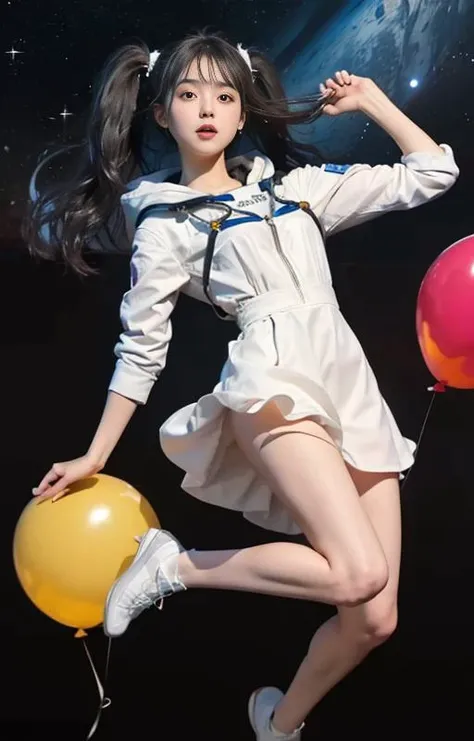 An astronaut, flying, ((floating in the outer space)), hovering, levitating, jumping mid air.
Both arms wide open. Open posture. (slightly curling legs:0.2), Weightlessness, ((zero gravity)).
1girl, <lora:mix4:.7>, mix4. Young, pretty, cute, beautiful.
She wears a white long lace dress with a hood, sneakers. ((hands holding balloons on strings)).
She has black hair, ((twintail)), ((floating hair)), medium hair.
She is surprised, scared, awestruck, mouth open slightly.
Extremely detailed eyes and face, beautiful detailed eyes. ((Eyes wide open)).
((Planet Earth)) at her feet. Dark background.
There are galaxy, stars, planets, black holes, the milky way, shooting stars, and the moon.
She is slender, petite, tall. She has perfect body proportion.
((full body visible)). Far away from camera.
Flying towards viewer, almost tipping over.
Camera is looking down, focused on her face.
super detailed, professional lighting, photon mapping, radiosity, physically-based rendering, ray tracing, breathtaking,
(8k, RAW photo, best quality, award-winning, masterpiece:1.2), (realistic, photo-realistic:1.4)