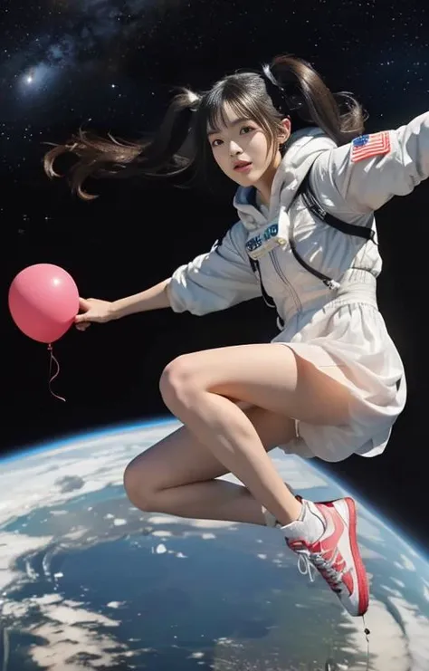 An astronaut, flying, ((floating in the outer space)), hovering, levitating, jumping mid air.
Both arms wide open. Open posture. (slightly curling legs:0.2), Weightlessness, ((zero gravity)).
1girl, <lora:mix4:.7>, mix4. Young, pretty, cute, beautiful.
She wears a white long lace dress with a hood, sneakers. ((hands holding balloons on strings)).
She has black hair, ((twintail)), ((floating hair)), medium hair.
She is surprised, scared, awestruck, mouth open slightly.
Extremely detailed eyes and face, beautiful detailed eyes. ((Eyes wide open)).
((Planet Earth)) at her feet. Dark background.
There are galaxy, stars, planets, black holes, the milky way, shooting stars, and the moon.
She is slender, petite, tall. She has perfect body proportion.
((full body visible)). Far away from camera.
Flying towards viewer, almost tipping over.
Camera is looking down, focused on her face.
super detailed, professional lighting, photon mapping, radiosity, physically-based rendering, ray tracing, breathtaking,
(8k, RAW photo, best quality, award-winning, masterpiece:1.2), (realistic, photo-realistic:1.4)