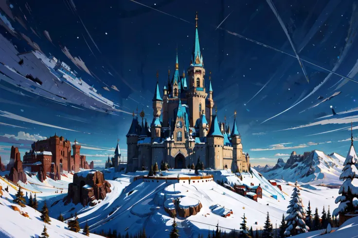 (masterpiece:1.2, best quality:1.2, beautiful, high quality, highres:1.1, aesthetic),detailed,cell shading,fantasy,castle on a snowy cliff