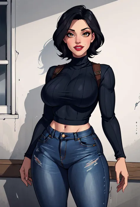 32k, masterpiece, best quality, volumetric ligh, intricate details, ultra detailed, 1girl, mature female, black hair, short hair, red eyes, turtleneck sweater, jeans, <lora:katdenningsl_lora_smf_v1:0.95> smf_0020, smf_0020, makeup, red lips, looking at viewer, smile, parted lips,