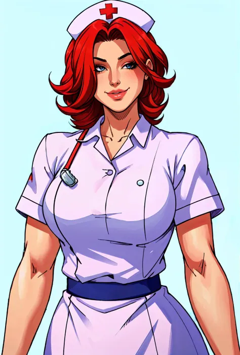 masterpiece, best quality, (ultra detailed:1.5), nurse, 1girl, mature female, red hair, (hair over one eye:1.5), blue eyes, thick lips, nurse uniform, smile, parted lips, <lora:colorify:1.2>, <lora:GoodHands-vanilla:0.8>, <lora:epi_noiseoffset2:0.8> <lora:odanon-v1.5newcraft-lora-naivae-128dim-block:0.35> oda non, simple background