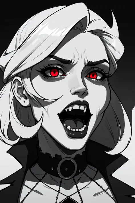 (masterpiece,best quality,absurdres,beautiful,aesthetic,detailed,cell shading),1girl,monochrome,dramatic shadows,caustics, horror,gothic,vampire fangs,