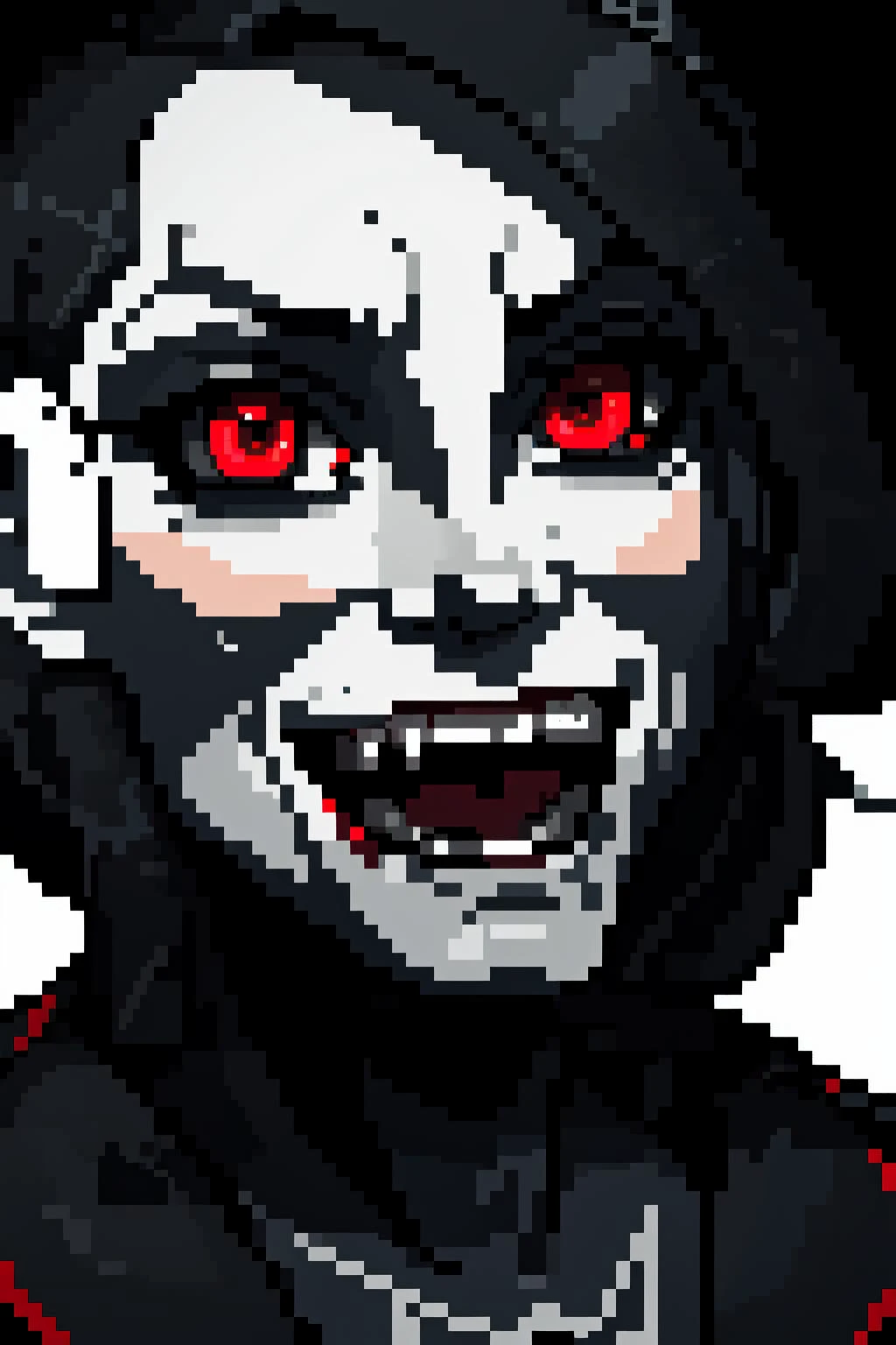 (masterpiece,best quality,absurdres,beautiful,aesthetic,detailed,cell shading),1girl,monochrome,dramatic shadows,caustics, horror,gothic,vampire fangs,red eyes <lora:64x64v2:1.0>