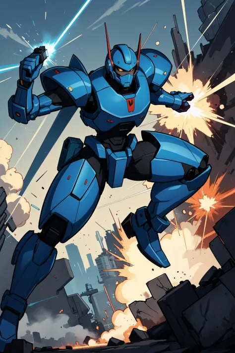 (masterpiece,best quality,absurdres,beautiful,aesthetic,detailed,cell shading),science fiction,mecha,laser,explosions,dynamic pose,helmet