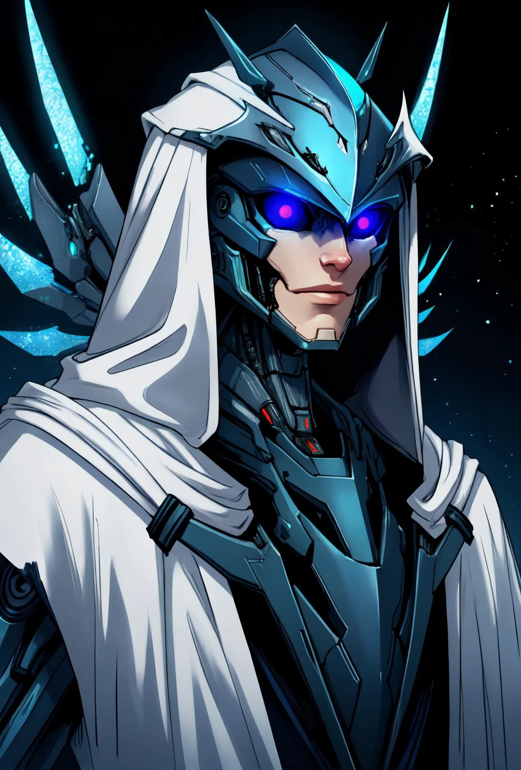 portrait, futubot, (masterpiece, best quality:1.3),extremely high detailed, 1male robot wearing cloak, (white cloak:1.2), knight, intricate, 8k, HDR, wallpaper, cinematic lighting, (universe), ), glowing, armor, helmet, glowing eyes, mecha, large wings, <lora:Futuristicbotv.2:0.5>,