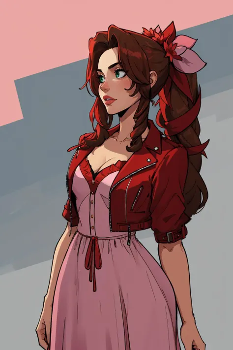 (masterpiece,best quality,absurdres,beautiful,aesthetic,detailed,cell shading),1girl,wide hips,cowboy shot,cropped jacket,hair flowers,long hair,pink dress,strapless red dress,hair ribbons <lora:aerith-nvwls-v1-final:0.9> aerith gainsborough