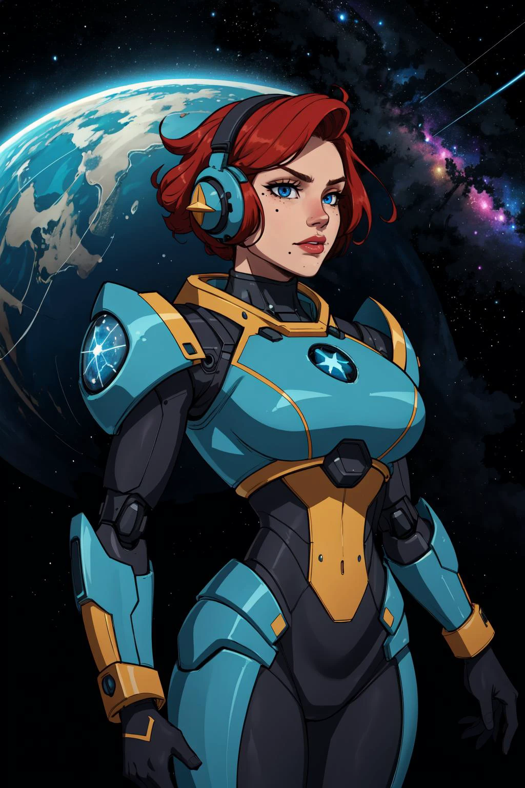 (masterpiece,best quality,absurdres,beautiful,aesthetic,detailed,cell shading),science fiction,1girl,power armor,mecha,abstract background,space,planets,stars,nebula,jets,