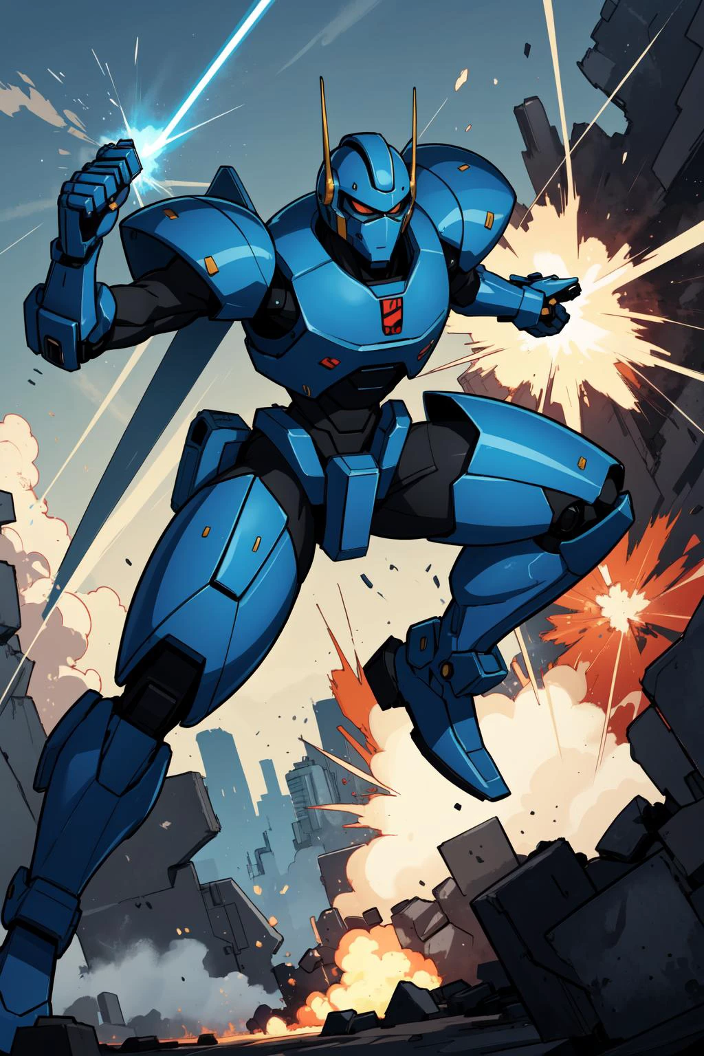 (masterpiece,best quality,absurdres,beautiful,aesthetic,detailed,cell shading),science fiction,mecha,laser,explosions,dynamic pose,helmet <lora:64x64v2:0>