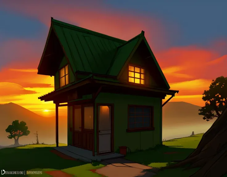 small house at sunset. Country road, country landscape, trees. wide view, desolate. digital illustration, very vibrant colors, soft lighting, adventurous, atmospheric lighting, 8K, octane render. By Makoto Shinkai, Stanley Artgerm Lau, WLOP, Rossdraws, James Jean, Andrei Riabovitchev, Marc Simonetti, krenz cushart, Sakimichan, D&D trending on ArtStation, digital art