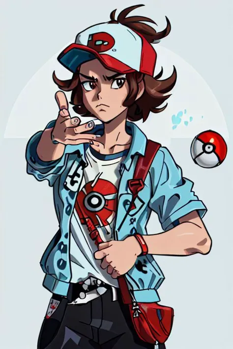 (masterpiece, highly detailed, beautiful, high resolution), ((Hilbert\(pokemon\), brown eyes, brown hair, messy hair, short hair, scruffy hair, bedhead, light blue windbreaker, light blue jacket, black shirt, t-shirt, red baseball cap, white baseball cap, pokeball print baseball cap, shoulder bag, black pants, red sneakers)), (generation 5), ((IncursioThrowingAFatRat, pokeball, throwing, throwing pokeball, pokeball \(basic\),)),