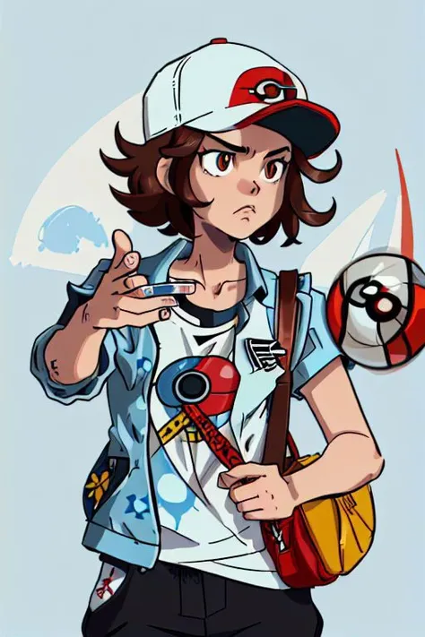 (masterpiece, highly detailed, beautiful, high resolution), ((Hilbert\(pokemon\), brown eyes, brown hair, messy hair, short hair, scruffy hair, bedhead, light blue windbreaker, light blue jacket, black shirt, t-shirt, red baseball cap, white baseball cap, pokeball print baseball cap, shoulder bag, black pants, red sneakers)), (generation 5), ((IncursioThrowingAFatRat, pokeball, throwing, throwing pokeball, pokeball \(basic\),)),