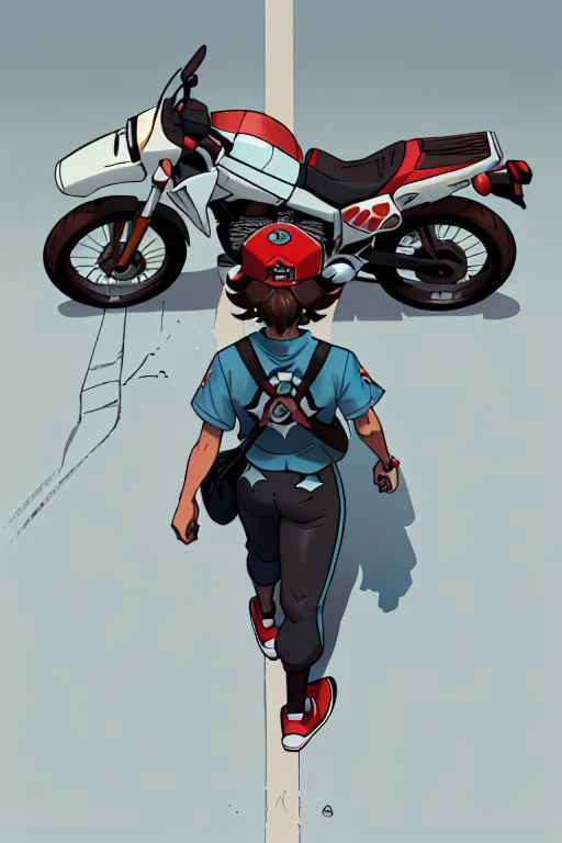 (masterpiece, highly detailed, beautiful, high resolution), ((Hilbert\(pokemon\), brown eyes, brown hair, messy hair, short hair, scruffy hair, bedhead, light blue windbreaker, light blue jacket, black shirt, t-shirt, red baseball cap, white baseball cap, pokeball print baseball cap, shoulder bag, black pants, red sneakers)), (generation 5), ((akiraposter, from above, from behind, walking, ground vehicle, motorcycle)),