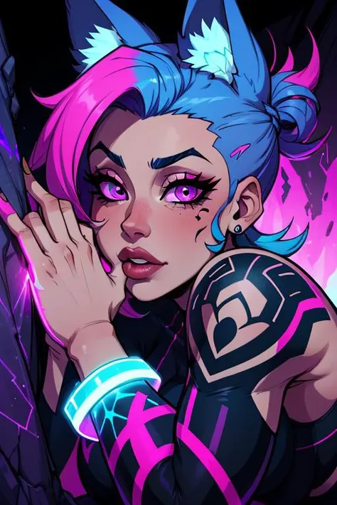 Close-up of vibrant electric dyed hair and colorful LED tattoos of a kemonomimi female fitness model kissing her fingertip. Her undercut hair and tattoos glow brightly under a blacklight in a dark tripcave. She has fluffy ears. Psychadelic LSD visuals.