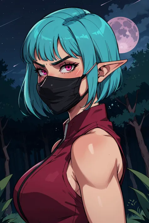(masterpiece,best quality,absurdres,beautiful,aesthetic,detailed,cell shading),1girl,solo focus,aqua hair,bob cut,elf ears,pink eyes,blunt bangs,(mouth mask,ninja,kunoichi),furrowed brow,forest,night sky,full moon,
