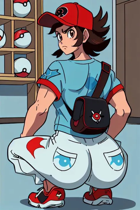 (masterpiece, highly detailed, beautiful, high resolution), ((Hilbert\(pokemon\), brown eyes, brown hair, messy hair, short hair, scruffy hair, bedhead, light blue windbreaker, light blue jacket, black shirt, t-shirt, red baseball cap, white baseball cap, pokeball print baseball cap, shoulder bag, black pants, red sneakers)), (pokemonstyle), ((BrolyCuloMeme, squatting, ass, muscular)), <lora:BrolyCuloMeme:0.7>