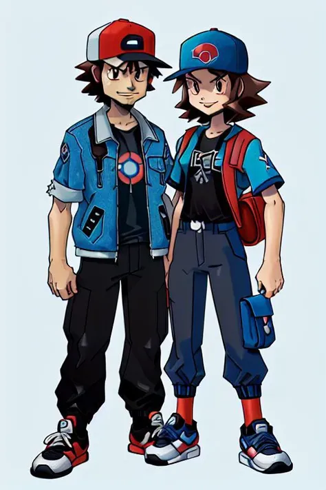 ((Hilbert\(pokemon\), brown eyes, brown hair, messy hair, short hair, scruffy hair, blue windbreaker, blue jacket, blue coat, black shirt, t-shirt, red baseball cap, white baseball cap, pokeball print baseball cap, shoulder bag, black pants, red sneakers)), full body, standing, smiling, white background, (sugimori ken 1990s)