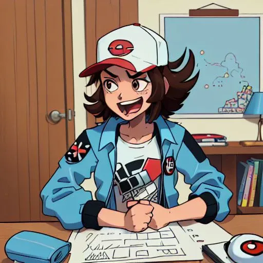 (masterpiece, highly detailed, beautiful, high resolution), ((Hilbert\(pokemon\), brown eyes, brown hair, messy hair, short hair, scruffy hair, bedhead, light blue windbreaker, light blue jacket, black shirt, t-shirt, red baseball cap, white baseball cap, pokeball print baseball cap, shoulder bag, black pants, red sneakers)), (generation 5), ((wheeze, wheeze meme, laughing, upper body)),