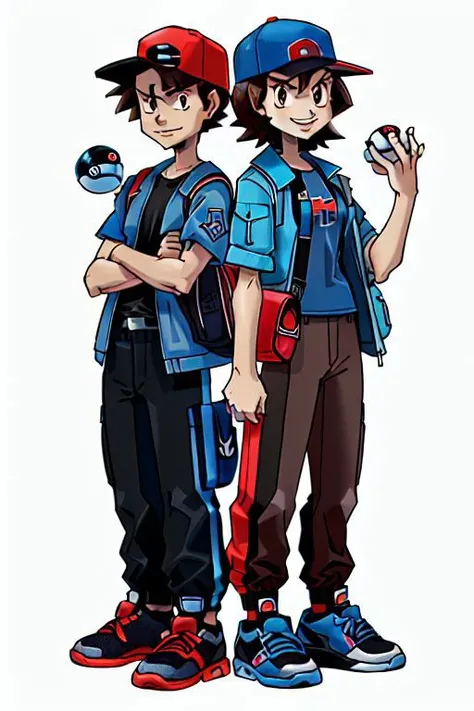 ((Hilbert\(pokemon\), brown eyes, brown hair, messy hair, short hair, scruffy hair, blue windbreaker, blue jacket, blue coat, black shirt, t-shirt, red baseball cap, white baseball cap, pokeball print baseball cap, shoulder bag, black pants, red sneakers)), full body, standing, smiling, white background, (sugimori ken 1990s)