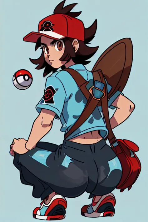 (masterpiece, highly detailed, beautiful, high resolution), ((Hilbert\(pokemon\), brown eyes, brown hair, messy hair, short hair, scruffy hair, bedhead, light blue windbreaker, light blue jacket, black shirt, t-shirt, red baseball cap, white baseball cap, pokeball print baseball cap, shoulder bag, black pants, red sneakers)), (pokemonstyle), ((BrolyCuloMeme, squatting, ass, muscular)), <lora:BrolyCuloMeme:0.7>