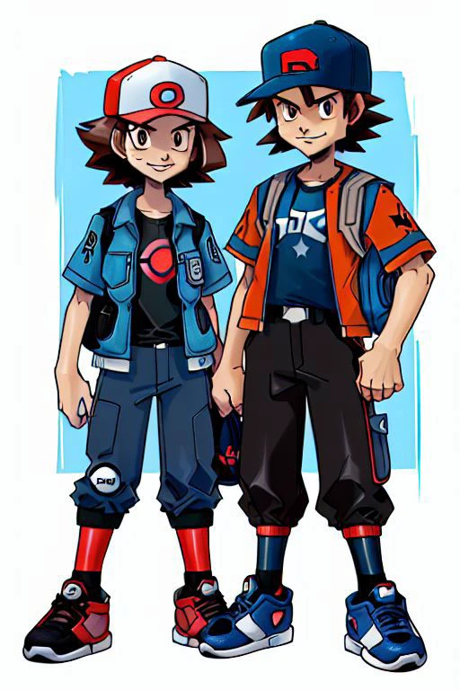 ((Hilbert\(pokemon\), brown eyes, brown hair, messy hair, short hair, scruffy hair, blue windbreaker, blue jacket, blue coat, black shirt, t-shirt, red baseball cap, white baseball cap, pokeball print baseball cap, shoulder bag, black pants, red sneakers)), full body, standing, smiling, white background, (sugimori ken 1990s)
