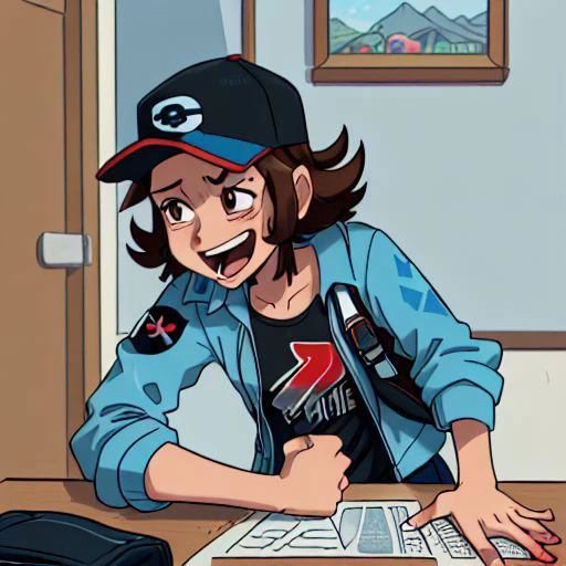 (masterpiece, highly detailed, beautiful, high resolution), ((Hilbert\(pokemon\), brown eyes, brown hair, messy hair, short hair, scruffy hair, bedhead, light blue windbreaker, light blue jacket, black shirt, t-shirt, red baseball cap, white baseball cap, pokeball print baseball cap, shoulder bag, black pants, red sneakers)), (generation 5), ((wheeze, wheeze meme, laughing, upper body)),