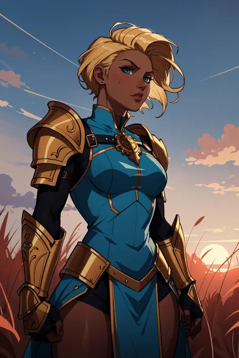 (masterpiece,best quality,absurdres,beautiful,aesthetic,detailed,cell shading),fantasy,1girl,dark skin,very short hair,undercut,blonde hair,solo focus,cowboy shot,wearing ornate armor,tabard,outside,field,sunset,gauntlets